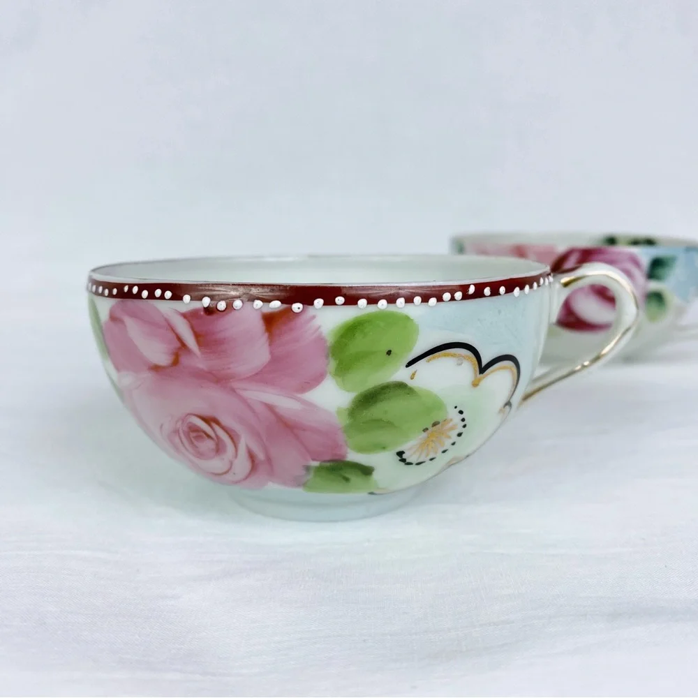 Vintage Japanese Hand Painted Floral Teacups Set of 2
